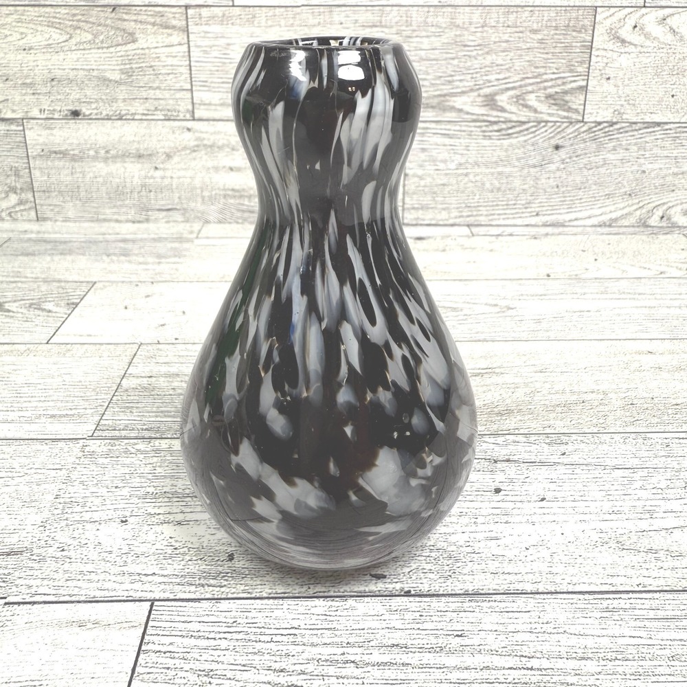 Unbranded Glass Vase Small 5in Black White Splatter Hand Blown Bud Vase
